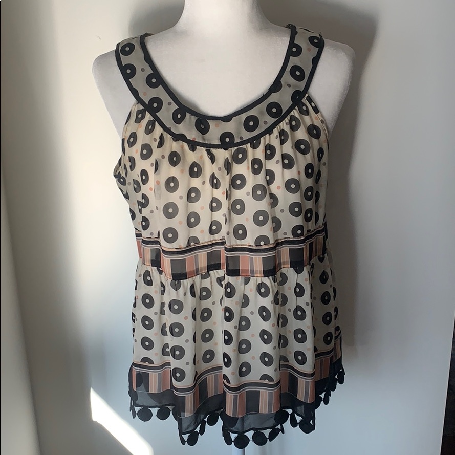 Anna Sui Sleeveless Dot Print Top With Dot Fringe